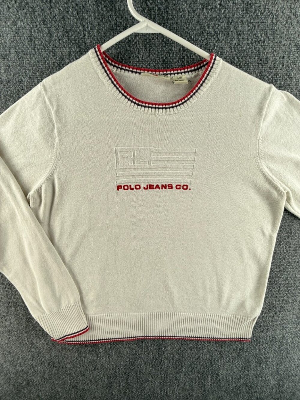Polo Ralph Lauren Knit Flag Sweater Large White Lightweight Red Trim Textured